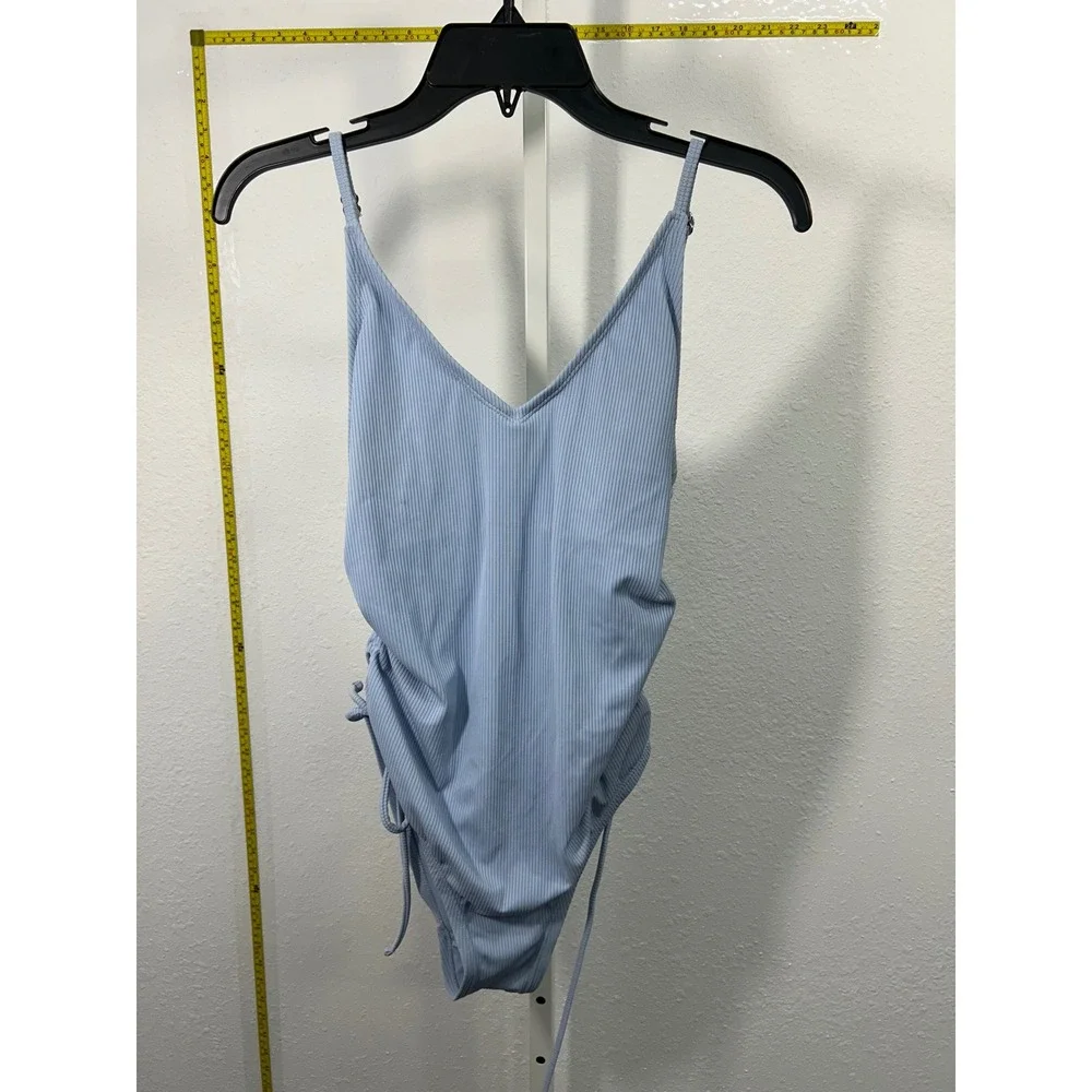 Time and Tru Womens Blue Ribbed Ruched One Piece Swimsuit Size M 8-10 V-Neck